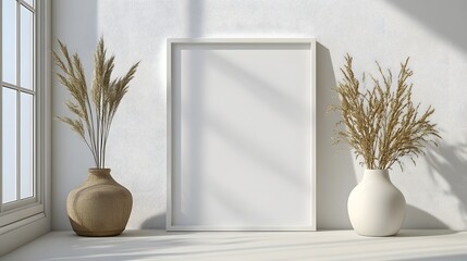 Soothing and serene minimalist interior design with large window decorative ceramic vases and dried floral accents creating a peaceful natural and elegant atmosphere