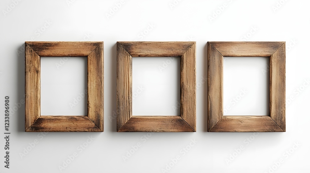 Aufkleber Three empty rustic wooden picture frames hanging on a plain white wall ideal for art photography or design mockup  Minimal simple and clean background with copy space