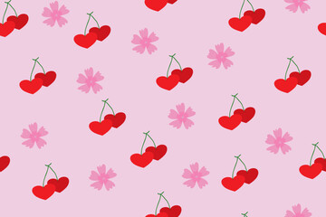 Valentine's Day | Seamless cherry and red ribbon bow pattern | Pink Sakura flower, Heart cherry | Design for pillow, blanket, rug, carpet, fabric, fashion, clothing, wallpaper, accessory