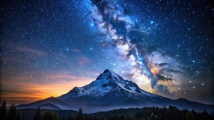 Darkened sky with twinkling stars above a lone mountain peak at dusk, night, mountain,  night, mountain