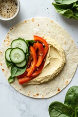 A soft tortilla spread with creamy hummus, topped with fresh spinach, sliced cucumbers, and roasted red peppers, seasoned with salt and pepper.