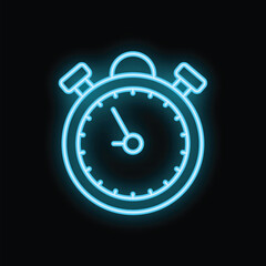 Blue neon stopwatch icon glowing on dark background represents concept of time management