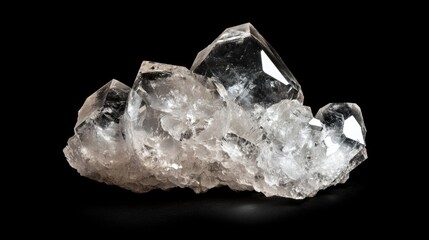 Transparent Quartz Crystal Cluster on Black Background