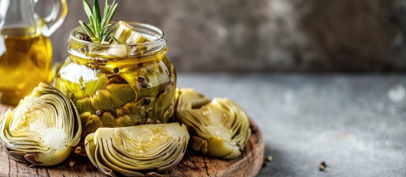 Jar of Marinated Artichokes with Olive Oil and Rosemary on Wooden Board with Copy Space
