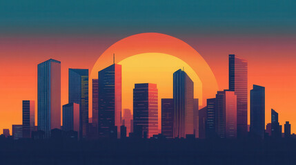 Obraz premium Futuristic city skyline at sunset with vibrant colors and silhouettes