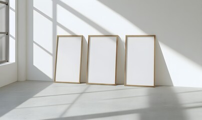 Three large wooden frames are leaning against the wall on the floor, each containing a blank white poster. The room is bright with natural light, creating a play of shadows. The overall aesthetic 
