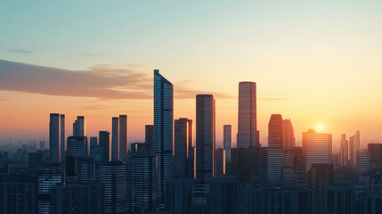 Fototapeta premium Futuristic city skyline at sunset with modern skyscrapers and glowing lights