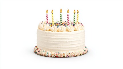 Cheerful Birthday Cake with Colorful Candles and Sprinkles on White Background