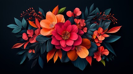 Vibrant floral arrangement featuring colorful blossoms and leaves against a dark background