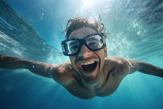 Summer atractive happy Latino man swimming with goggles in the sea underwater recreation.