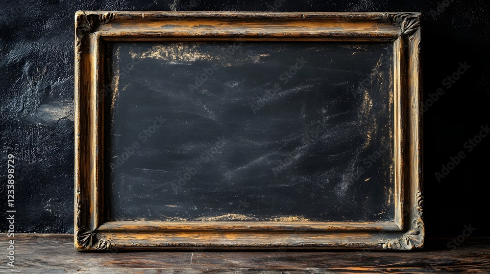 Poster vintage chalkboard in a worn distressed wooden frame the dark grungy texture and scratched surface c