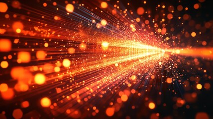 Obraz premium Orange light streaks converge, dark background, abstract energy, digital art