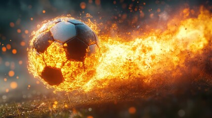 Fototapeta premium Fiery Soccer Ball Blazes Across Field