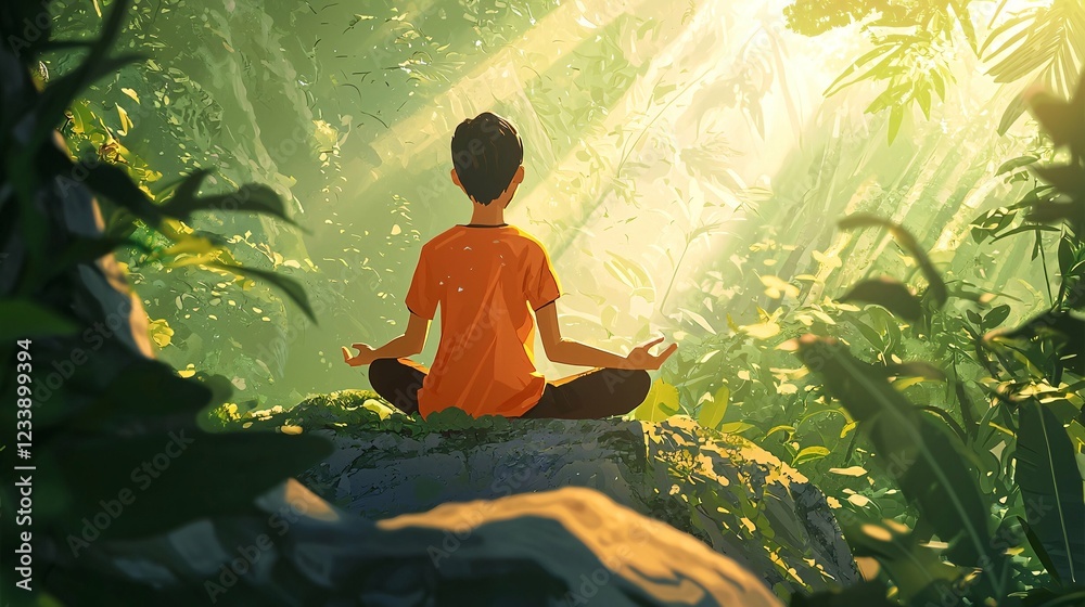 Aufkleber a determined individual practices mindfulness amidst a serene setting, embodying resilience as they 