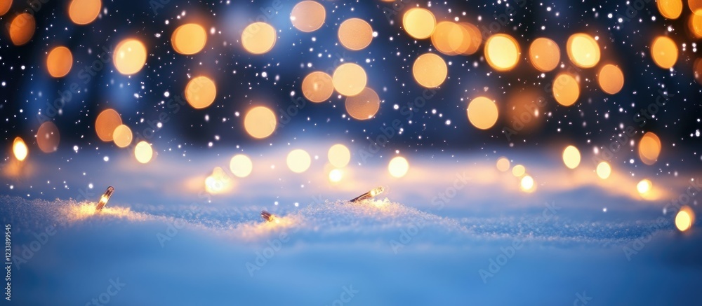Wall mural defocused warm lights on snowy surface with bokeh effect and copy space