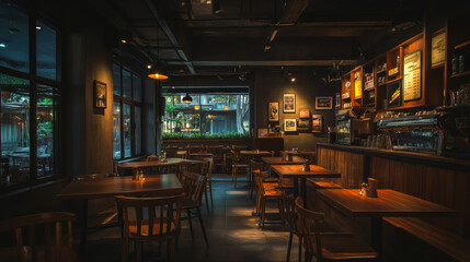 Blurry image of a modern, cozy caf&eacute; interior with warm lighting, wooden furniture, and an inviting atmosphere. Perfect for backgrounds