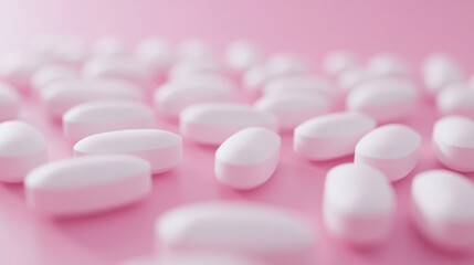 White oblong pills scattered on soft pink background with shallow depth of field and copy space for text placement