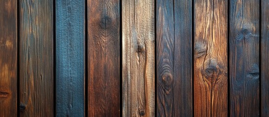 Fototapeta premium Rustic wooden plank wall texture with varied shades of brown and subtle blue tones