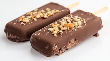A chocolate popsicle ice cream with nuts sprinkled on top, placed on a white background