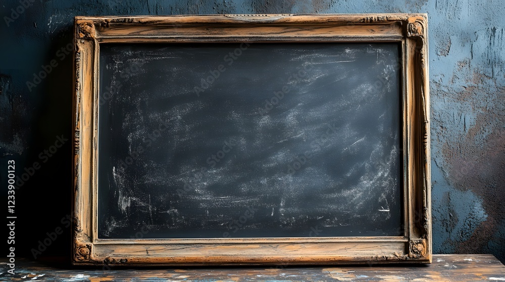 Aufkleber Vintage style blackboard or chalkboard with a weathered wooden frame in a grungy textured classroom or educational setting providing a blank empty space for creative presentations lessons or messages