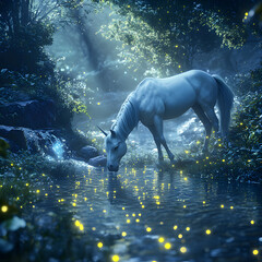 Twilight Serenity: A Majestic White Horse in Enchanted Forest