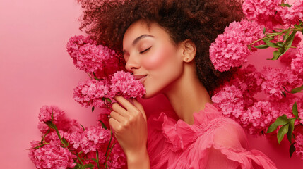 Fototapeta premium International Women's Day. Extremely happy woman in a bright pink dress is smelling a bunch of spring flowers, which she is holding in her hands.