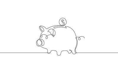 Piggy Bank Continuous One Line Drawing. Vector One Line Illustration Concept for Business Design. Piggy Bank Minimalist Black Sketch Isolated on White Background.