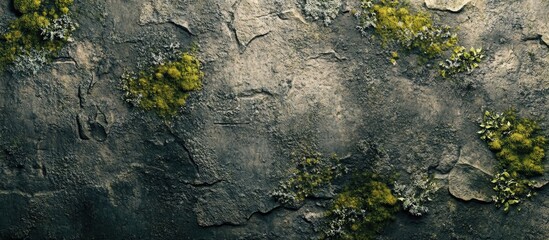 Grunge textured wall with patches of green moss and algae growth