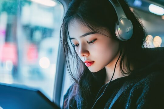 A young Asian woman traveling by airplane, working on her laptop and listening to music, her calm demeanor reflecting her efficient multitasking.