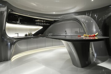 A modern Futuristic interior design style kitchen featuring sleek, futuristic design elements with smooth curves and glossy surfaces. The kitchen island is prominent, adorned with fresh fruits.