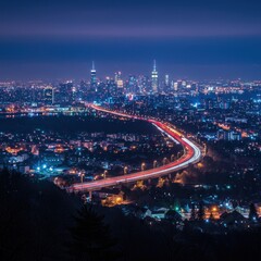 Fototapeta premium Nighttime Cityscape with Highway Lights Leading to Illuminated Downtown Skyline, Perfect for Urban Celebrations and Travel Promotions