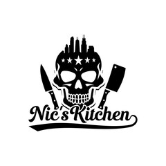 Logo Nic's Kitchen with skull vintage and skyline City Chicago restaurant Design vector