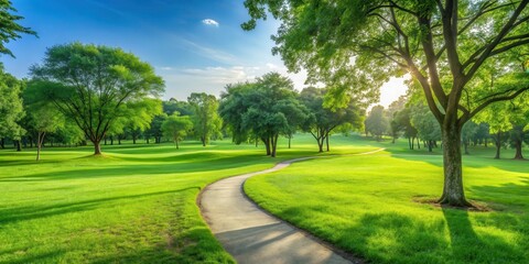 A lush green grass field in a public park with a few scattered trees and a winding path leading into the distance , nature