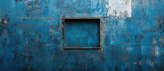 Naklejka premium Weathered blue wall with empty framed space and texture exhibiting peeling paint and rust, ideal for background or design applications, Copy Space