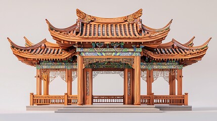 Fototapeta premium An ornate Chinese pavilion showcases intricate wood carvings and vibrant tile details, set against a neutral backdrop, exemplifying exquisite traditional craftsmanship.