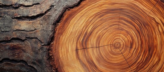 Fototapeta premium Close-up of cross-section of tree trunk displaying growth rings with detailed wood texture and bark, ideal for nature backgrounds, Copy Space