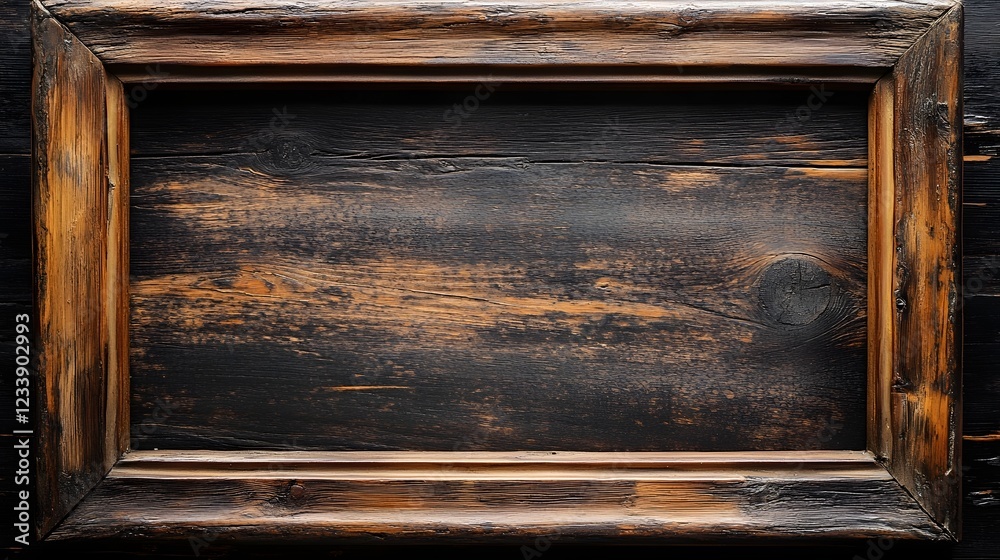 Aufkleber weathered wooden frame placed on a vintage rustic wood plank background with grunge texture and vign
