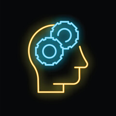 Obraz premium Neon style illustration representing the thinking process with a human head silhouette and two gears