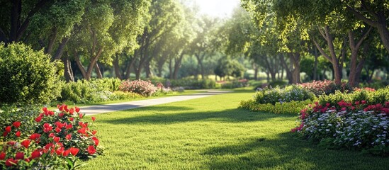 Obraz premium Lush green park landscape with vibrant flower beds and walking path under sunlight in serene natural setting with ample Copy Space