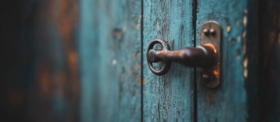 Rustic old door handle with keyhole on weathered blue wooden door featuring peeling paint and textures, Copy Space