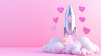 Dreamy valentine's rocket launching hearts in pink clouds digital art fantasy environment playful viewpoint