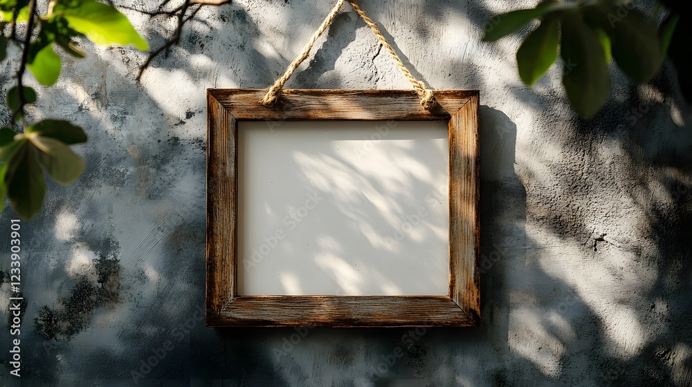 Poster Wooden frame hanging on a lush green leafy branch in a peaceful natural outdoor setting  Rustic vintage style frame against a backdrop of summer foliage creating a simple serene