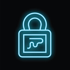 Blue neon padlock icon is glowing on a black background, symbolizing digital security and data protection