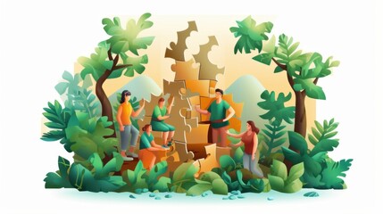 Fototapeta premium Teamwork Triumphs: Collaborative Puzzle Solving in a Lush Tropical Setting