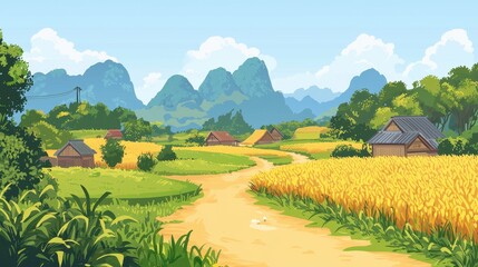 Serene Village Landscape With Golden Rice Fields And Mountains
