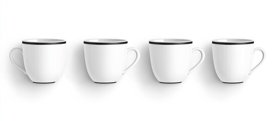 Set of four white coffee cups with black rim arranged in a row on a plain background with Copy Space.