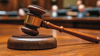 Courtroom scene gavel and family figurines on judge's table legal environment professional viewpoint