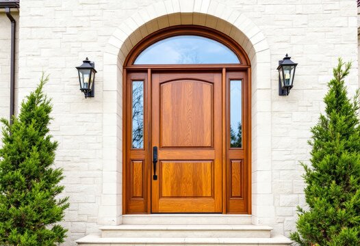 Elegant wooden entryway with arched transom and sidelights and flanking evergreens