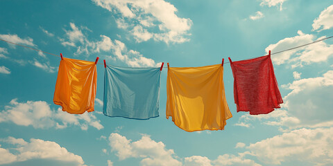 Colorful laundry drying on a clothesline sunny outdoor setting nature photography bright sky relaxing viewpoint everyday life concept for seo impact