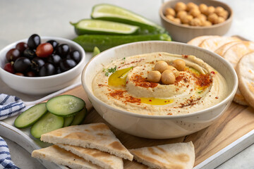 creamy bowl of hummus garnished with a drizzle of olive oil